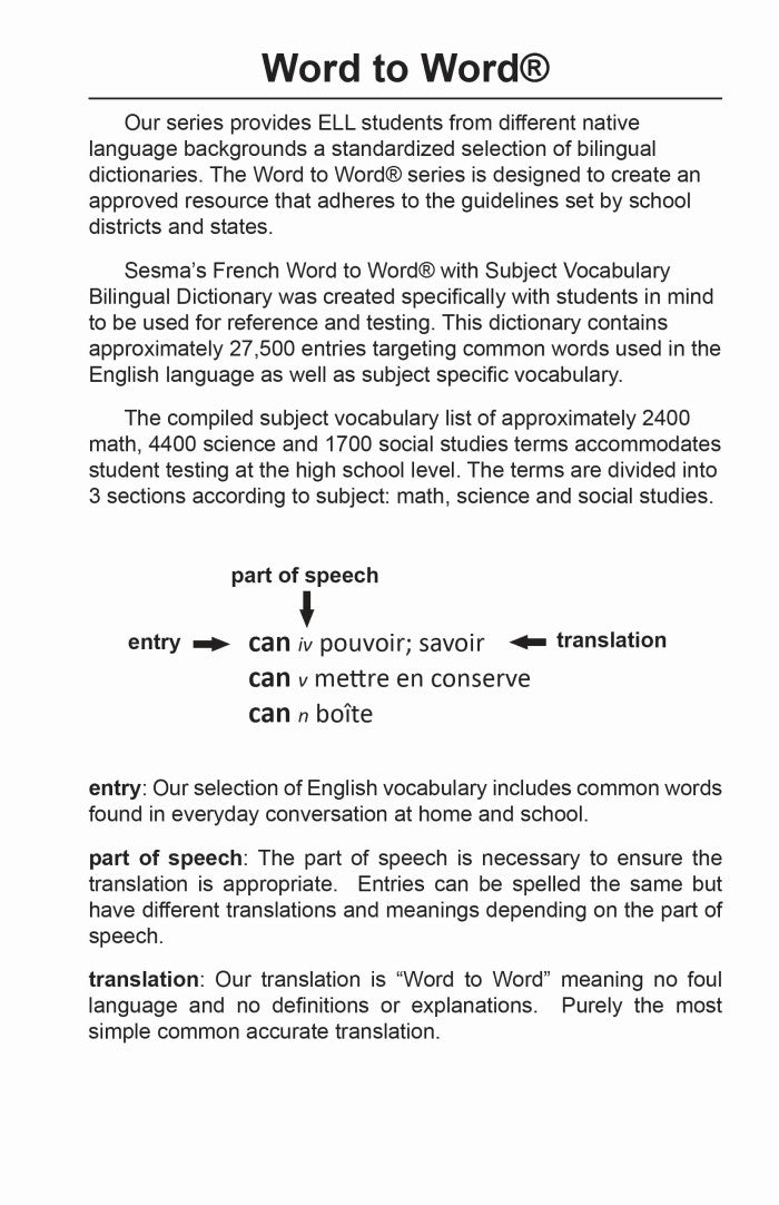 French BD Word to Word® with Subject Vocab