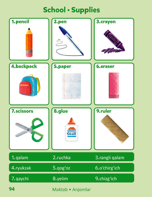 Uzbek-English Sesma Children's Bilingual Picture Dictionary