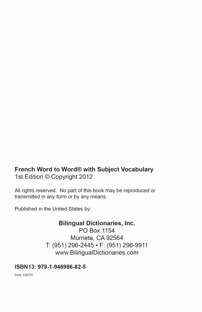 French BD Word to Word® with Subject Vocab