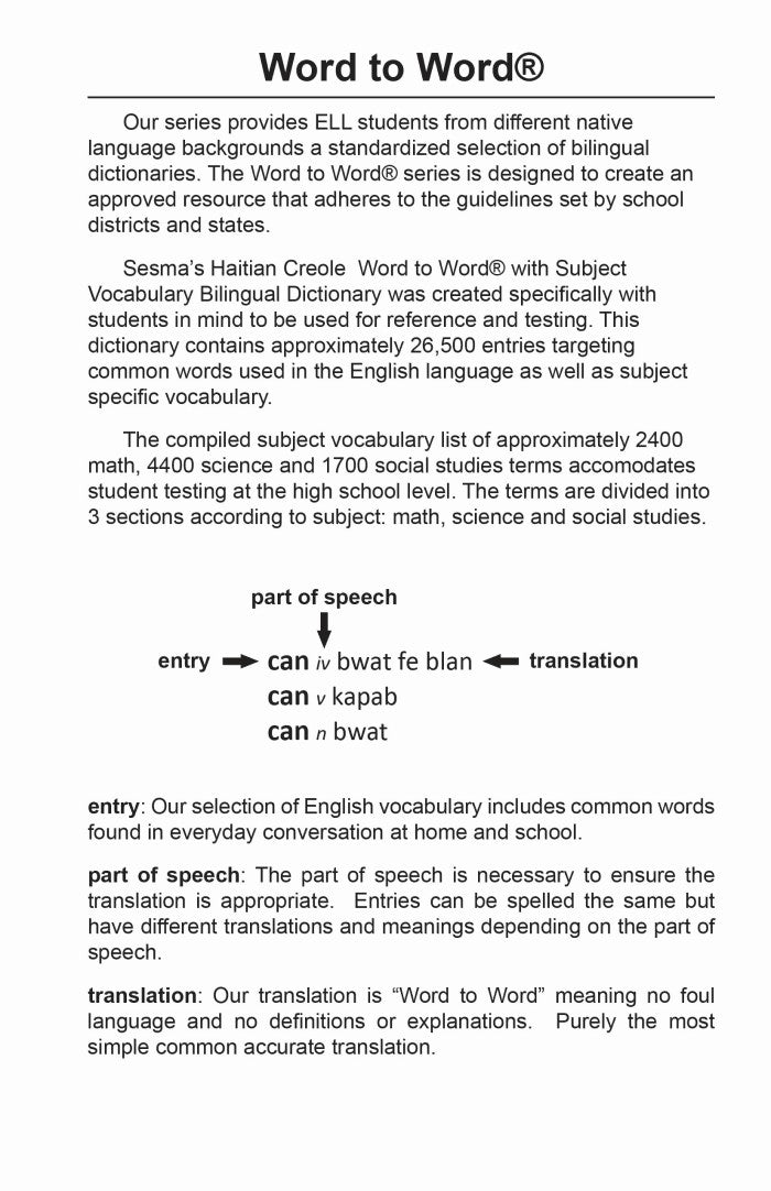 Haitian-Creole BD Word to Word® with Subject Vocab