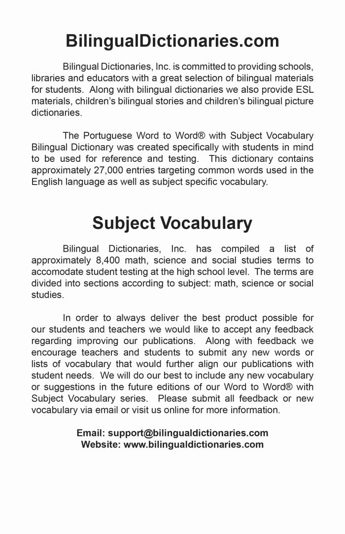 Portuguese BD Word to Word® with Subject Vocab