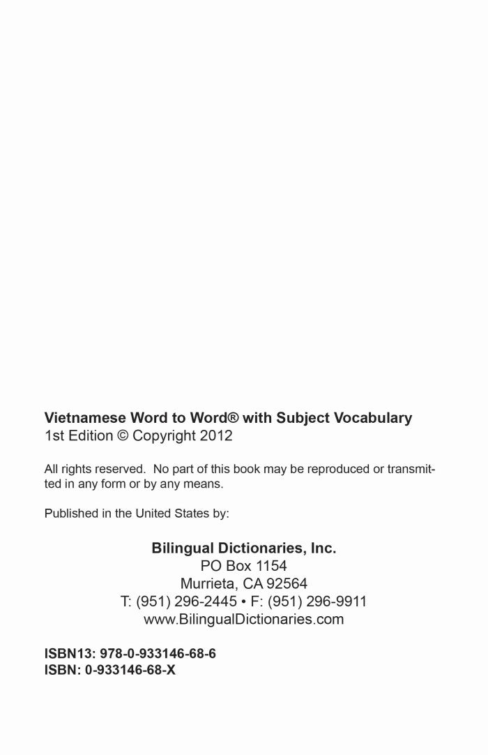 Vietnamese BD Word to Word® with Subject Vocab
