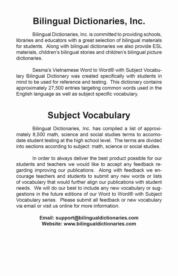 Vietnamese BD Word to Word® with Subject Vocab