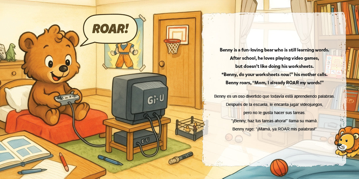 Benny's Roar open spread — the same story in Spanish and English on one page