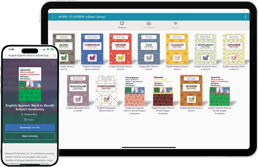 Word to Word eBook Library app on tablet and phone
