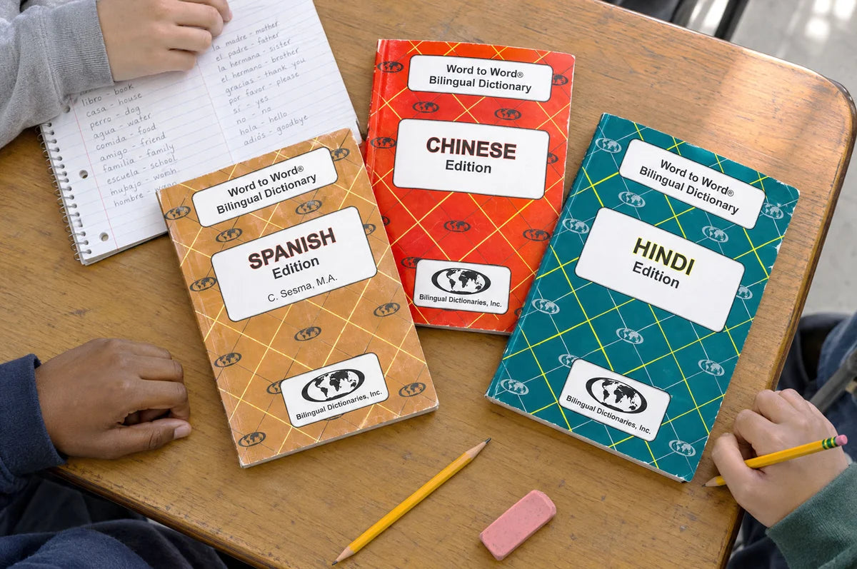 Spanish, Chinese and Hindi Word to Word dictionaries fanned out on a classroom desk