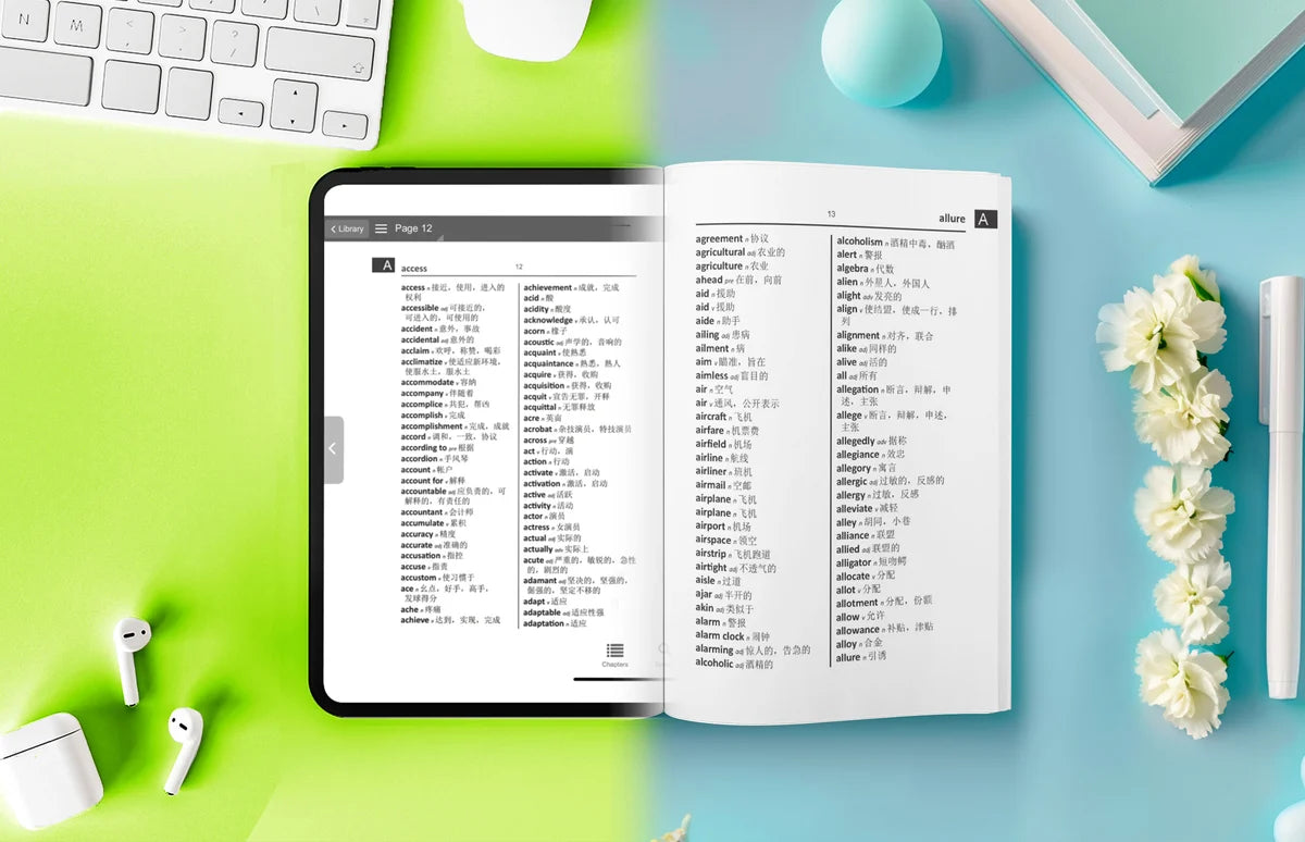 The same Word to Word dictionary page as an eBook on a tablet and in the printed book