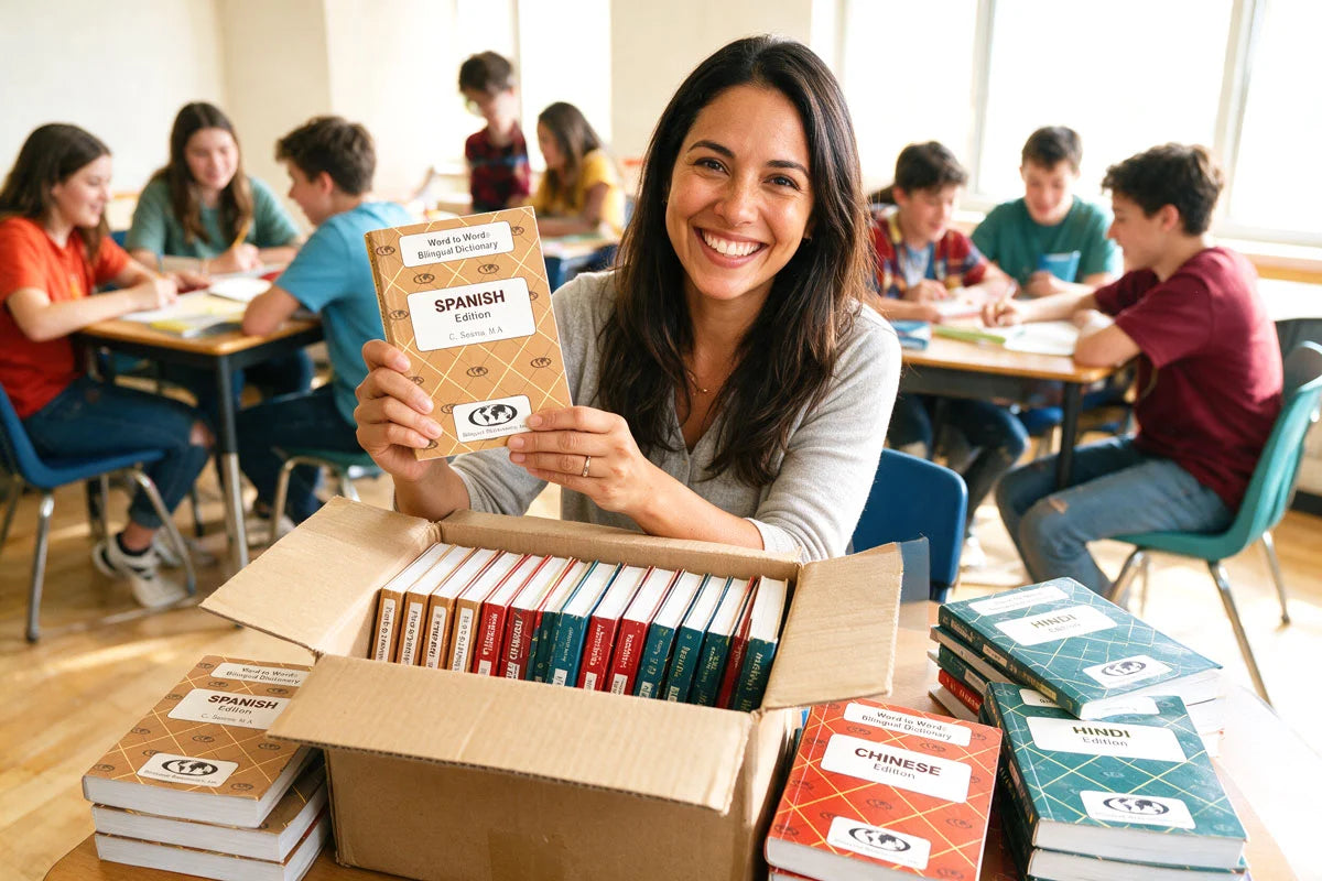 Teacher unboxing a shipment of Word to Word dictionaries in her classroom